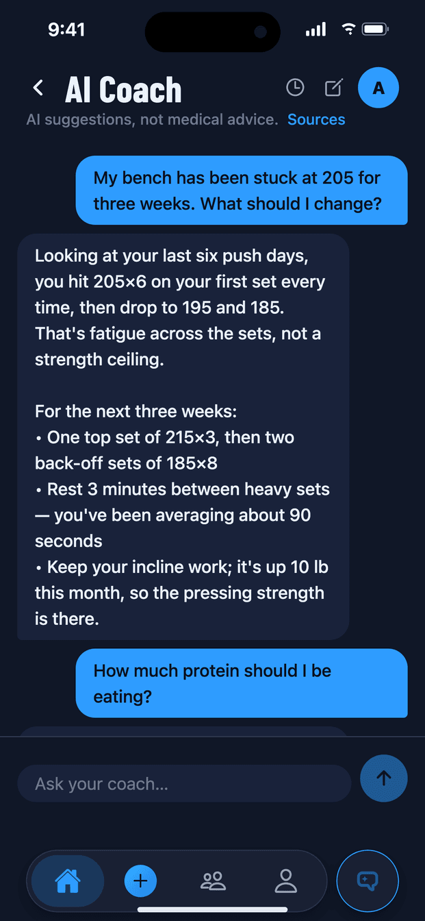The Swyft AI coach explaining why a bench press has stalled