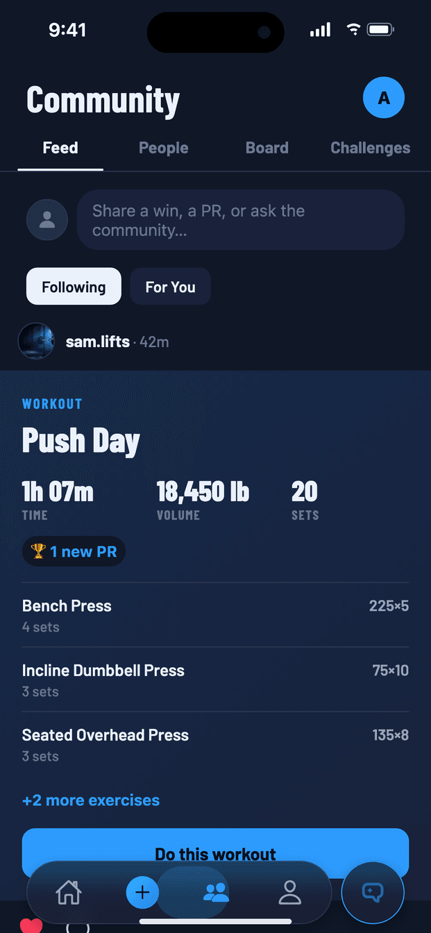 Swyft community feed: posts from people you follow, with likes and comments