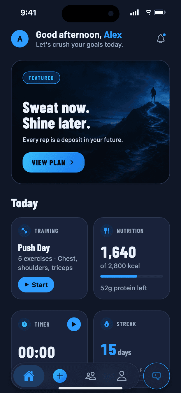 Swyft home screen: today's workout, calories and a training streak