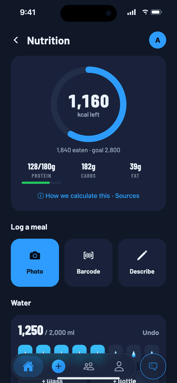Swyft nutrition screen: calories, protein, water and meal logging