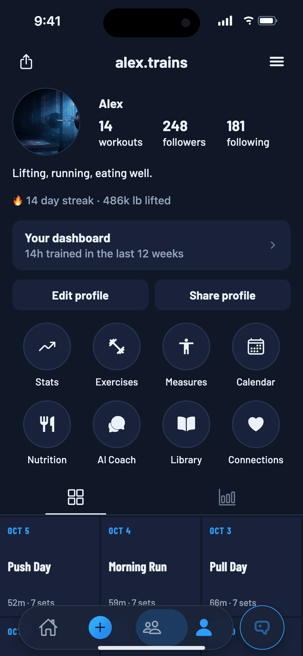 Swyft profile: followers, training dashboard and a grid of past workouts